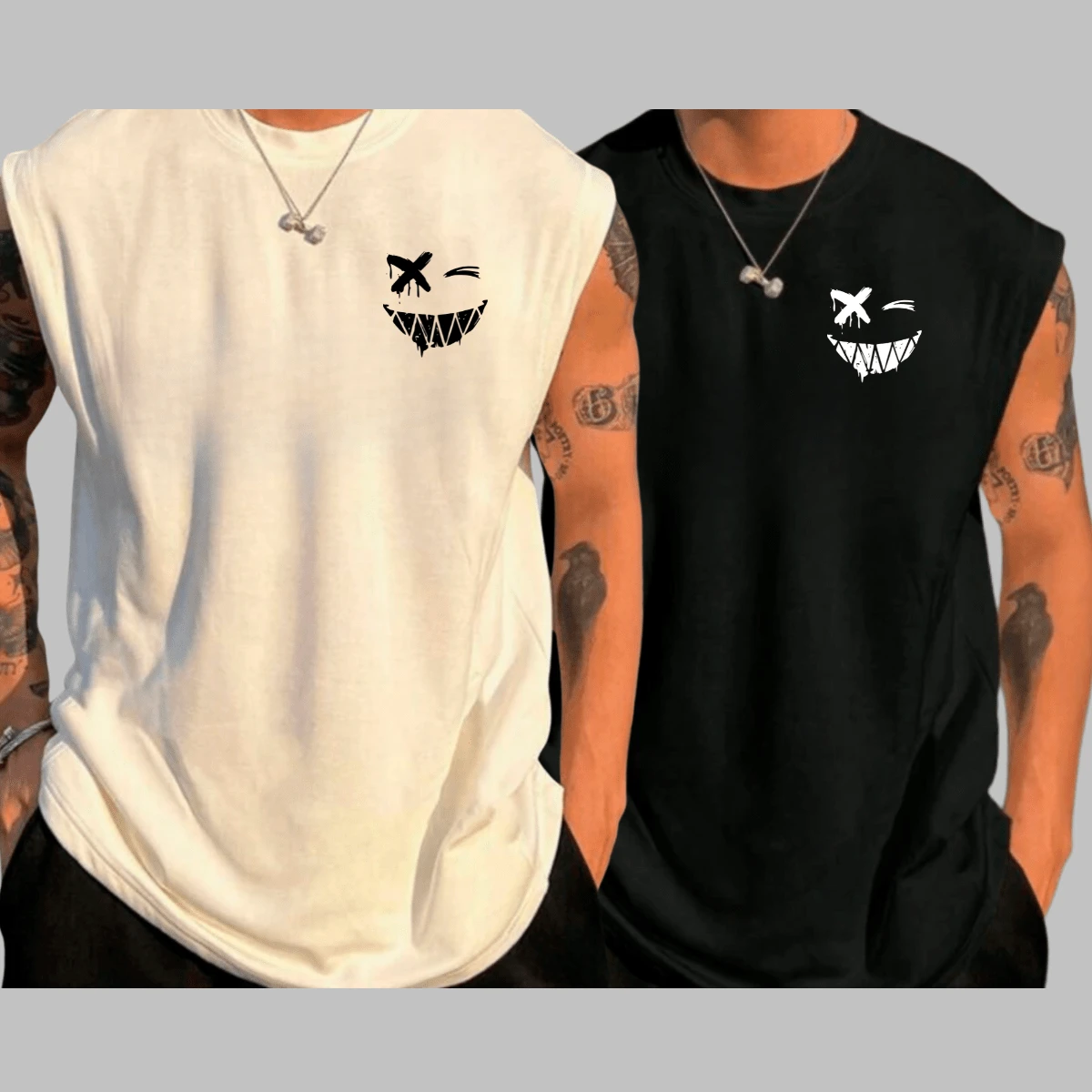 Kit 2 Men's Tank Tops Oversized Gym Men's Macho Longline Vest Happy Face - Black - View 1