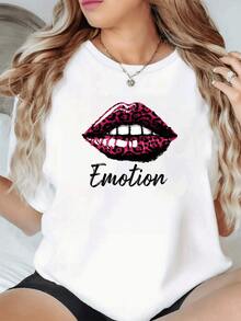 Camiseta de Mujer Estampada con Labios de Leopardo Rosado Diseño Moderno y Atrevido ¡Ideal para un look único y lleno de estilo! - Blanco - Ver 1