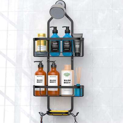 1PC Hanging Shower Caddy Over Shower Head Organizer, Chrome Plated Stainless Rustproof Bathroom Storage Rack Basket With Soap Holder, Hooks - Large Capacity Bathroom Shelf For Shampoo, Conditioner