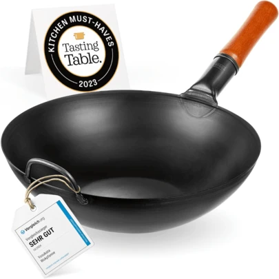 Carbon Steel Woks And Stir Fry Pans 34 Cm - Traditional Chinese Japanese Wok With Flat Bottom - Compatible With Induction, Electric, Ceramic, Gas Cooktops, And Open Flame, BBQ, Grill