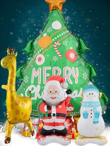 4pcs Halloween/Christmas Themed Balloons - Yellow Giraffe, Green Christmas Tree, Red Santa Claus, White Snowman, Made Of PET Material To Create Festive Atmosphere, Suitable For Indoor Or Outdoor Decoration In Winter