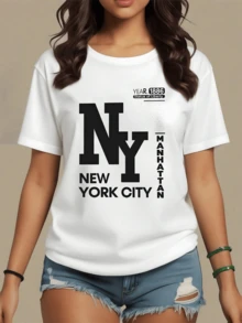 Camiseta de mujer con estampado de Nueva York y la Estatua de la Libertad,diseño moderno y cómodo,ideal para un look casual y chic. - Blanco - Ver 1