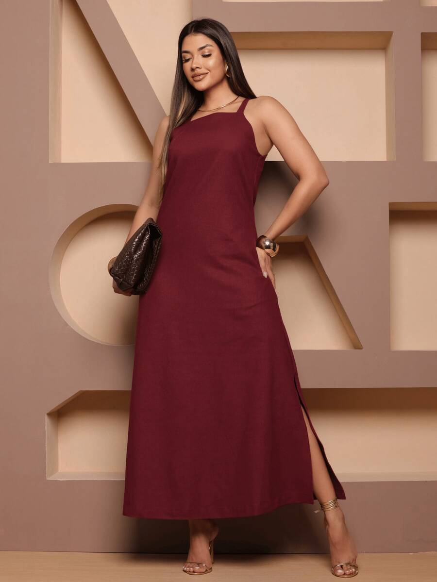 Controverso Elegant Linen Long Dress With Spaghetti Straps And Slit, Casual Chic Party - Gỗ đỏ - Xem 1