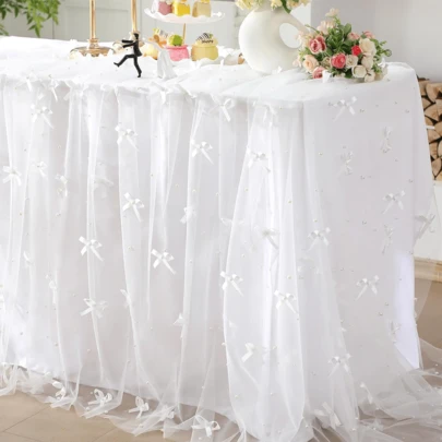 1枚 ロマンチックなパールレーステーブルランナー、ウェディングアーチデコレーション、ブライダルシャワーギフト生地、ロマンチックなパールレースのテーブルクロス、イベントに適しています、刺繍透明しわ防止ホワイトデザートテーブル