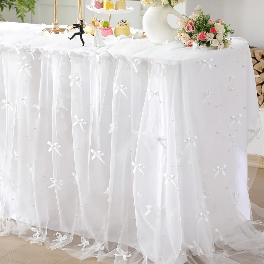 1 khăn trải bàn ren ngọc trai lãng mạn, trang trí cổng cưới, vải quà tặng tiệc cô dâu, khăn trải bàn ren ngọc trai lãng mạn, thích hợp cho sự kiện, thêu trong suốt chống nhăn bàn tráng miệng màu trắng