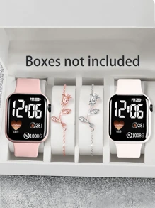 4 Stück/Set mit 2 Stück Cartoon Herz Quadratische Digitaluhr und 2 Stück Rose Legierung Armband, geeignet als Valentinstag Geschenk, Weihnachtsgeschenk, Abschlussgeschenk, Paar Geschenk, Paar Uhr Armband, die beste Wahl für Halloween, Weihnachten, Valentinstag, Muttertag, Feiertagsgeschenk