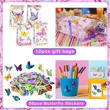 158Pcc Butterfly Party Favors Fairy Birthday Party Supplies Straw Hairpin Pendant Bubble Wand Slap Bracelet Keychain Sticker Shooting Glasses Gift Prize Gift Bag Filler Butterfly Decoration Party - 粉色 - 查看 8