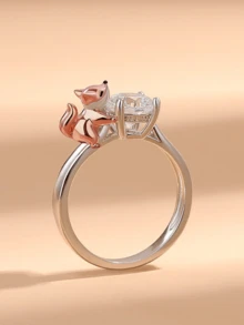 1 件创意个性化戒指，“可爱狐狸拥抱 1 克拉圆形方晶锆石戒指”珠宝礼物送给她 - 銀色 - 查看 8