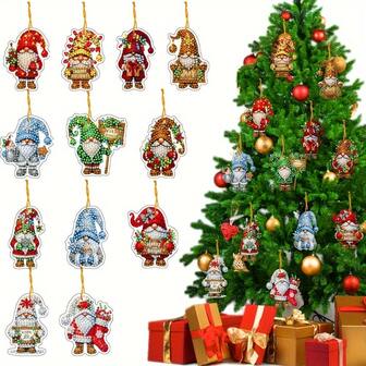12 piezas Kit de Pintura de Diamantes DIY, Estilo Gnomo Navideño, Joyería Hecha a Mano con Diamantes Artificiales Incrustados, Pintura de Diamantes Digital, Adecuado para Decoración de Árbol de Navidad, Suministros para Fiestas, Regalo Cálido para Personas