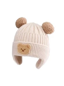 1 件装可爱儿童女孩男孩婴儿帽子羊毛边帽带兔耳朵帽幼儿羊毛耳罩帽柔软新生儿帽 - Bear - 查看 13