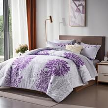 5/7pcs Fashionable Chrysanthemum Printed Bed Comforter Set,100% Microfiber Soft Breathable Summer Bedding Set, Comfortable And Durable, Include 1 Comforter+1 Flat Sheet+1 Fitted Sheet+1/2 Pillowcases+1/2 Pillowshams,All-Season, Bed In A Bag, Room Decor, Best Gift - 紫色 - 查看 2