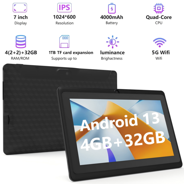 Children'S 7-Inch Tablet Computers, Children'S Tablet Computers And Wi-Fi 4GB RAM, 32GB Roma, Dual Cameras, Parental Control, Jpa Preinstallate For Children'S Education, Games, Tablets And Holiday Gifts For Taking Care Of Children, Children'S Gifts For Birthday Celebrations, Gifts, Open Perfect Gifts For Schools, Gifts