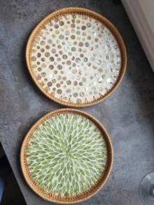 1pc Natural Handmade Round Rattan Tray Rattan Cutlery Tray With Wooden Base, Green Leaf Model, Fresh And Simple, Used For Table Decorations Placement,Round Rattan Tray, Snack Tray, For Table Decoration Placing Coffee, Bread, Food,Of Coffee,Home Decor Snack Serving Dish Platter.Fall Home Decor,Kitchen Accessories,Home Accessories,Bedroom Decor,Home Accessories,Room Decor,Room Decor Bedroom,Bedroom Decor,Gift.