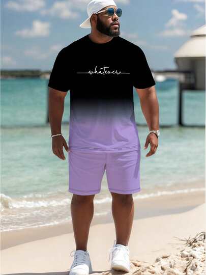 Conjunto de chándal informal con estampado de letras pequeñas degradado para hombres de talla grande, conjunto de sudadera de cuello redondo de manga corta con cordón, ropa de calle de estilo hip hop para verano, conjunto de ropa deportiva 100% poliéster