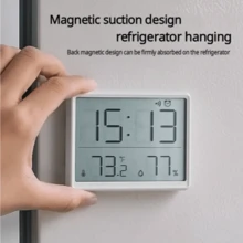 SOKANY Inteligentny budzik 3 w 1, termometr i higrometr, podwójny wyświetlacz temperatury i wilgotności + budzik, przełączany w stopniach Celsjusza/Fahrenheita + format 12/24-godzinny, magnetyczny design do drzwi lodówki/metalowych, zasilany baterią pastylkową CR2032, długotrwały, timer spotkań - Biały - Zobacz 6