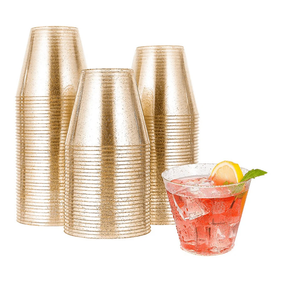 9 Oz 50 PCS Gold Glitter Plastic Cups, Gold Rimmed Disposable Wine Glasses Disposable Glitter Cups, Elegant Plastic Cocktail Glasses, Gold Rimmed Plastic Cups, Fancy Party Cups For Wedding, Birthday, Holiday - 金閃 9 oz - 查看 1
