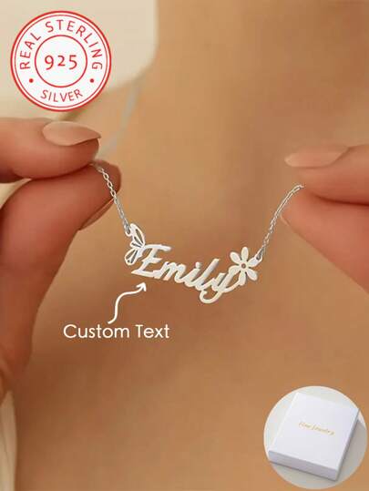 Ett personligt halsband i 925 silver med fjäril och blomma, namnanpassning, en överraskningspresent till nära och kära, vänner och familj., Silver, snygg, färgglad, vintage, unisex, hipster, enkel, avslappnad, anpassad, personlig, unik, perfekta presenter till honom, perfekta presenter till henne, henne, pojkvän, flickvän, pappa, mamma, familj, vänner, för årsdagar, för födelsedagar, för examen, för balen, för fest, smycken för kvinnor, elegant outfit, chic höst, smycken och klockor, anpassade halsband med fina ord