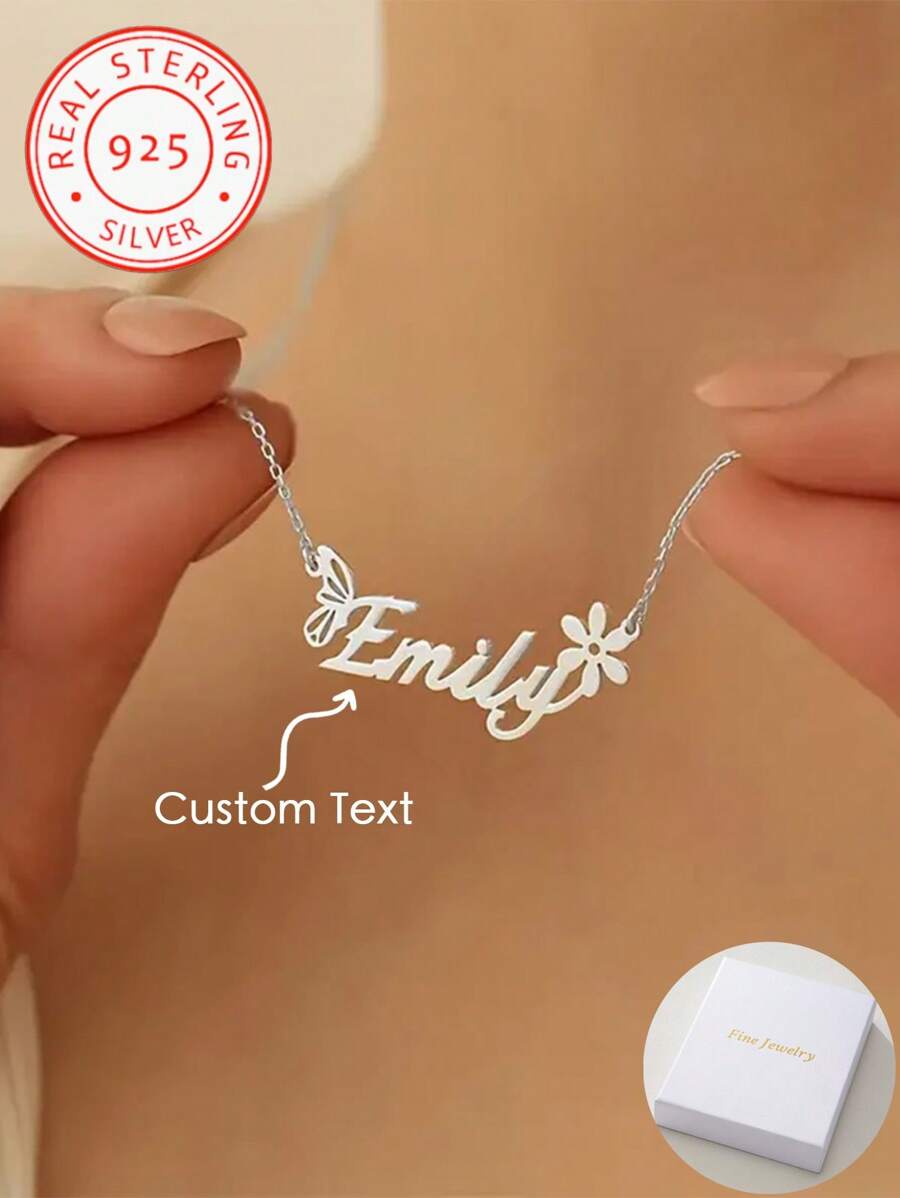Um colar personalizado de prata 925 com nome de borboleta e flor, um presente surpresa para entes queridos, amigos e familiares.