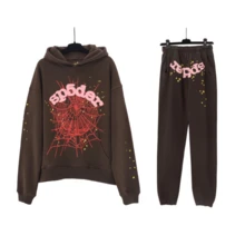 Men's And Women's Street Punk Oversized Hooded Sweatshirt Sets, Spider Web Rhinelstone Hooded Sweatshirts, Hip-Hop Fashion Letter Aesthetic Sweatshirts, Gender Neutral Sets, Couple Sets - màu nâu - Xem 1