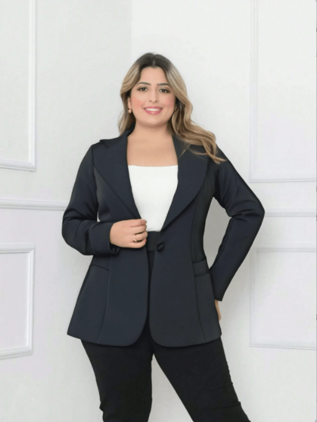 Women's Plus Size Tailored Blazer With Button Jackets 2025 FL-219 - Black - View 1