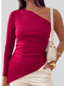 Women's Asymmetrical Blouse, Elegant One Shoulder, Long Sleeve, Premium Ribbed - 紅色 - 查看 1