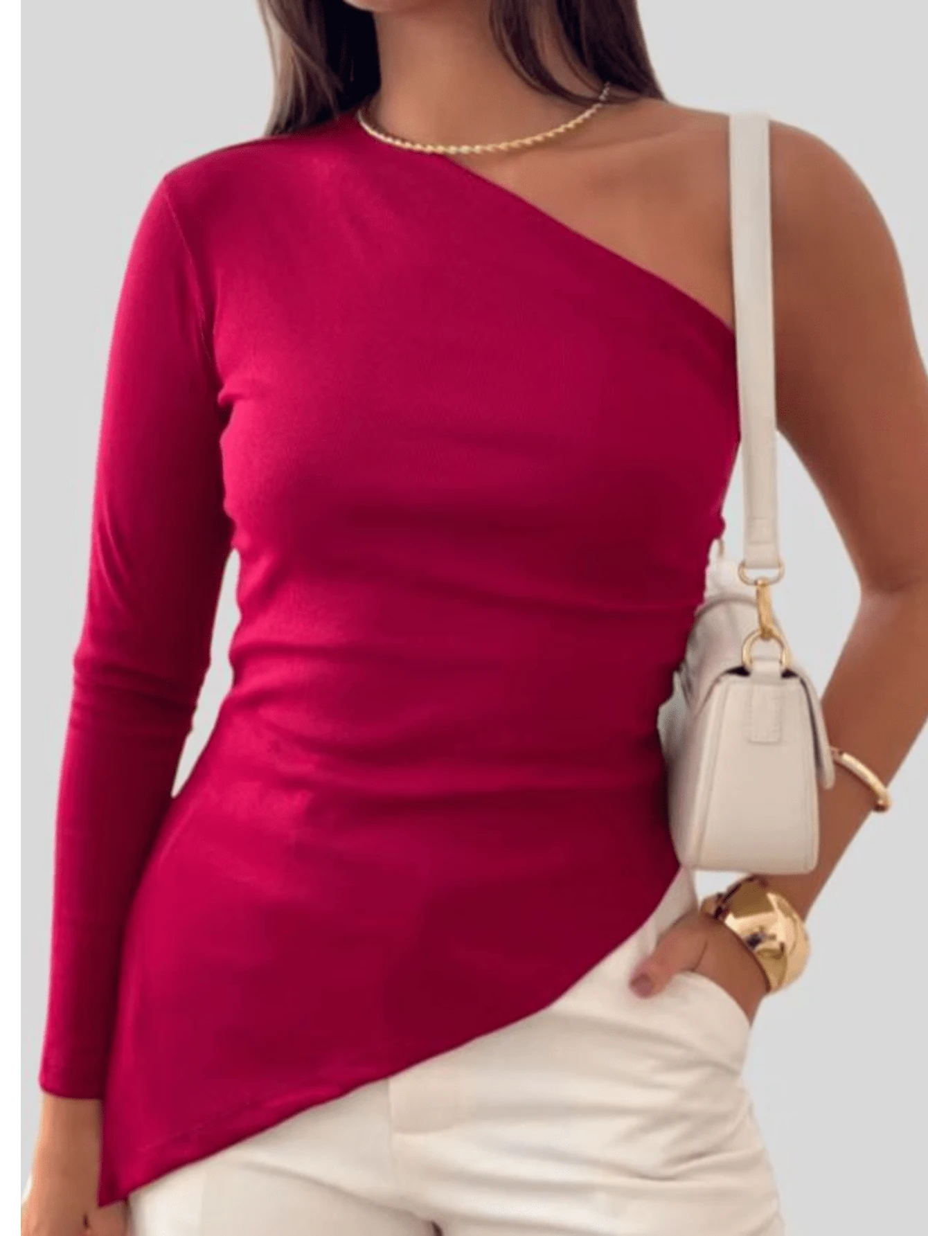 Women's Asymmetrical Blouse, Elegant One Shoulder, Long Sleeve, Premium Ribbed - 紅色 - 查看 1
