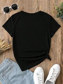 Una camiseta de mujer de estilo casual, de corte holgado, con cuello redondo y estampado floral de manga corta - Negro - Ver 5