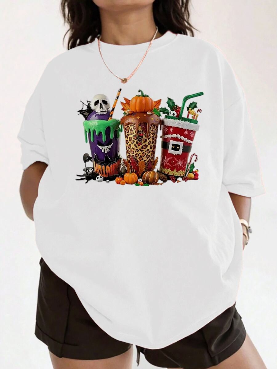 Camiseta con gráficos de bebidas navideñas, camiseta de algodón de manga corta y cuello redondo para mujer con gráficos de café y chocolate caliente de temporada, top informal de moda. - Blanco - Ver 1