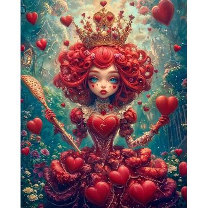 卡通红色爱心女王5D DIY钻石画套装 - 全圆钻，家居墙面装饰，送给家人、朋友、老师的礼物，情人节礼物，斋月礼物