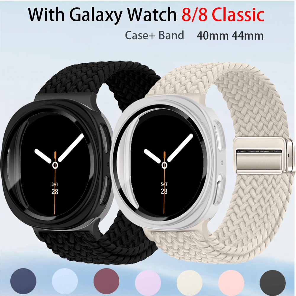 磁性尼龙表带 + PC 外壳适用于三星 Galaxy Watch 8/8 Classic 40 毫米 44 毫米表带，男女款，无缝隙弹力面料尼龙表带腕带适用于三星 Watch 8 Classic/8 智能手表配件