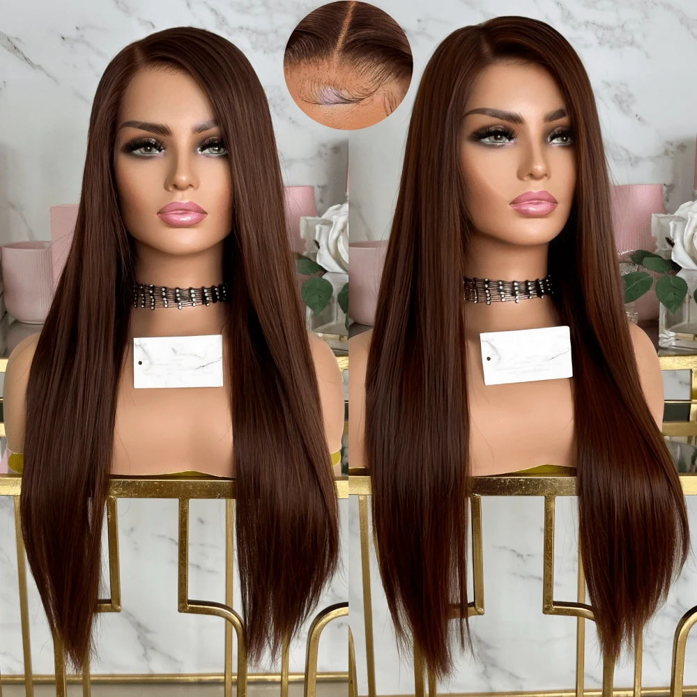Coleen 230% Density Straight Human Hair Wig Chocolate Brown Lace Frontal Wig 13x4 Lace Front Wig Glueless Human Hair Wigs Dark Brown Colored Silky Straight Wig HD Transparent Lace Frontal Wigs Natual Black #1B Pre Plucked With Baby Hair Free Shipping For Women - Dark Brown - 查看 1