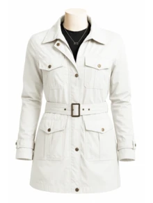 Chamarra Gabardina Larga con Cinturón, Estilo Militar Femenino, Casual de Otoño, Bolsillos Funcionales, Correas de Ajuste - Blanco - Ver 3