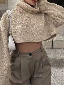 Blusa feminina casual, gola alta, solta, fofa, curta, manga flare, quente e aconchegante para atividades ao ar livre, escola, férias, aeroporto, viagens, estilo de rua, feriados, uso diário, outono/inverno - Caqui - Ver 1