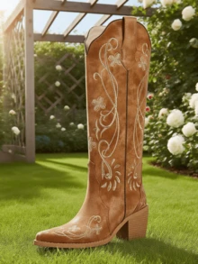 Women Vintage Knee High Cowgirl Boots Floral Embroidered Pointed Toe Western Cowboy Boots Chunky Heel Pull On Retro Dress Party Wedding Shopping Outdoor Christmas Country Music Festival Tall Boots For Women - nâu nhạt - Xem 2
