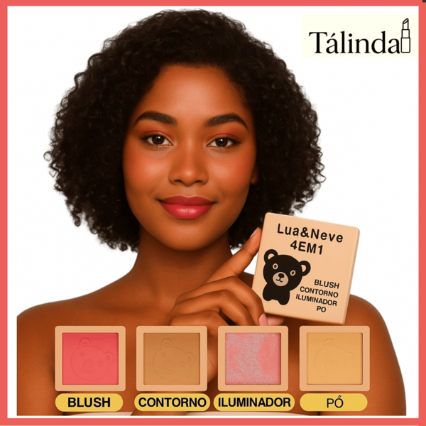 Mini Quarteto 4 em 1 Blush, Contorno, Iluminador e pó - Lua a Neve Paleta de Viagem Com Espelho