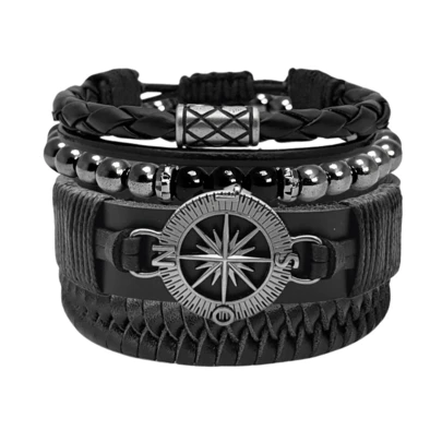 Pulseiras de Couro Masculinas Bússola Kit C/04