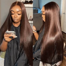 Coleen 230% Density Straight Human Hair Wig Chocolate Brown Lace Frontal Wig 13x4 Lace Front Wig Glueless Human Hair Wigs Dark Brown Colored Silky Straight Wig HD Transparent Lace Frontal Wigs Natual Black #1B Pre Plucked With Baby Hair Free Shipping For Women - Dark Brown - 查看 8
