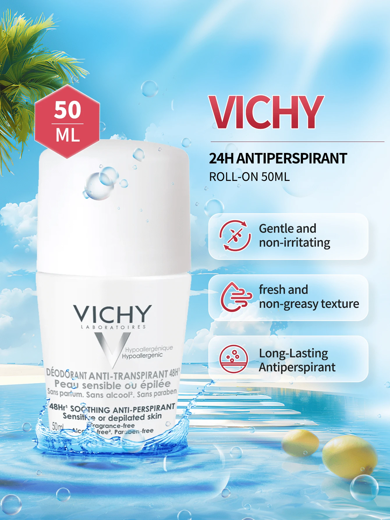 Vichy 薇姿 48 小时止汗走珠香体露，无香型，50 毫升 - 适合敏感肌肤 - 白色 - 查看 1