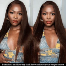 Coleen 230% Density Straight Human Hair Wig Chocolate Brown Lace Frontal Wig 13x4 Lace Front Wig Glueless Human Hair Wigs Dark Brown Colored Silky Straight Wig HD Transparent Lace Frontal Wigs Natual Black #1B Pre Plucked With Baby Hair Free Shipping For Women - Dark Brown - 查看 2