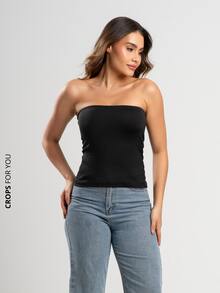 Kit 5 Assorted Cropped Tops: Long Sleeve, Collar, Strappy, Tank Top And Tube Top - Black - View 7