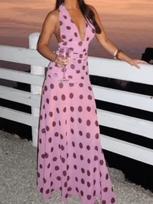 Women Chiffon Polka Dot Printing Halter Elegant Sleeveless Backless Skinny Pleated Beach Evening Party Maxi Dress - Hồng - Xem 3