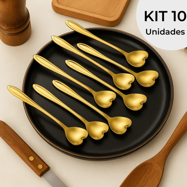 Kit 10Colheres Coração Kit Douradas Chá Café Mesa Posta Sobremesa Luxo