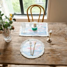 1 pieza Mantel individual con estampado floral de lino con flecos, mantel de mesa de comedor lavable, decoración del hogar, vajilla, cocina, decoración de fiesta interior/exterior, regalo ideal - Multicolor - Ver 7