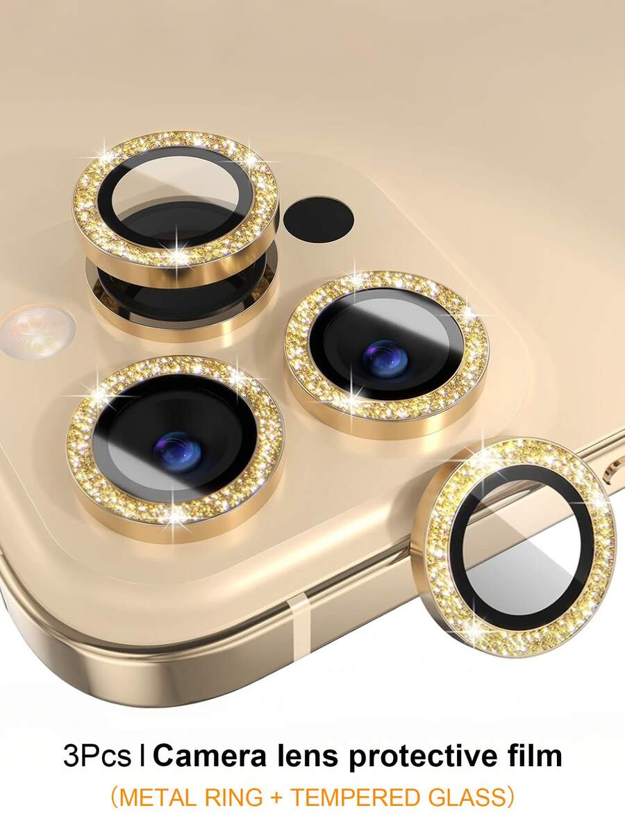 (3pcs) Compatible With IPhone 16 Pro/15 Pro Max/14/13/12/11 Lens Protector, 9h Tempered Glass Lens Protector, Screen Protector, Metal Ring, Scratchproof Decorative Accessories - Gold - View 1