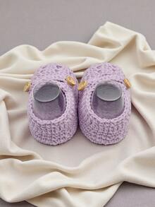 1 Pair Handmade Crochet Infant Shoes, Light Purple Color With Button Decor, Infant Size - Mauve Purple - View 7
