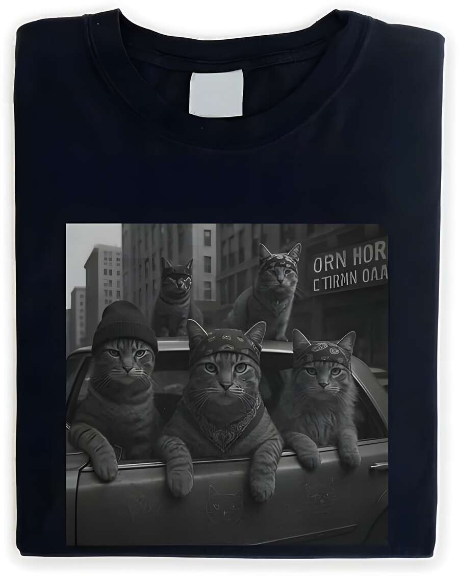 Funny Cat Gang Vinage T-Shirt, Cat Hoodie, Funny Graphic Tee, Meme Sweatshirt, Graphic Tee Gift For Men Women And Men |Unisex Soft Fabric, Breathable, Comfortable Casual Fashion Short Sleeve T-Shirts Perfect For Summer - 黑色 - 查看 1