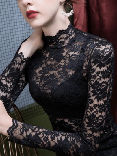 1 件蕾丝镂空拼接性感衬衫，适合约会、旅行、秋冬长袖上衣