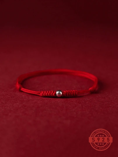 1 st minimalistiskt armband/fotlänk i 925 sterlingsilver med pärlor och rött rep, levereras med elegant presentask, lämplig för tjejer, alla hjärtans dag-present, mångsidig för alla årstider