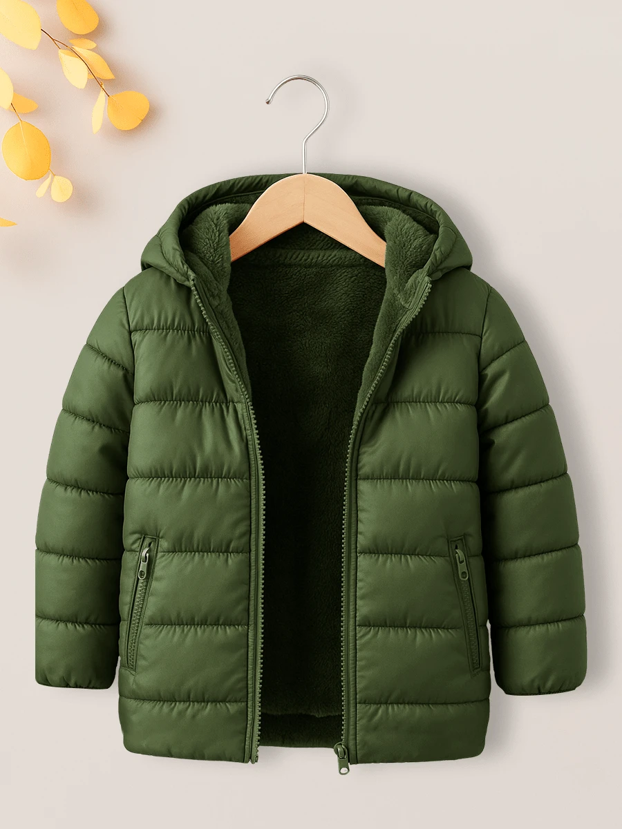 Chamarra Daniel acolchada marca Tandera con capucha para niño, abrigo de invierno con forro de peluche - Verde Oliva - Ver 1