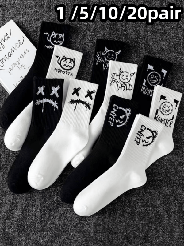1/5/10/20 双随机黑白涂鸦图案男女中筒袜，适合学生、情侣日常穿着，万圣节、秋冬趣味设计